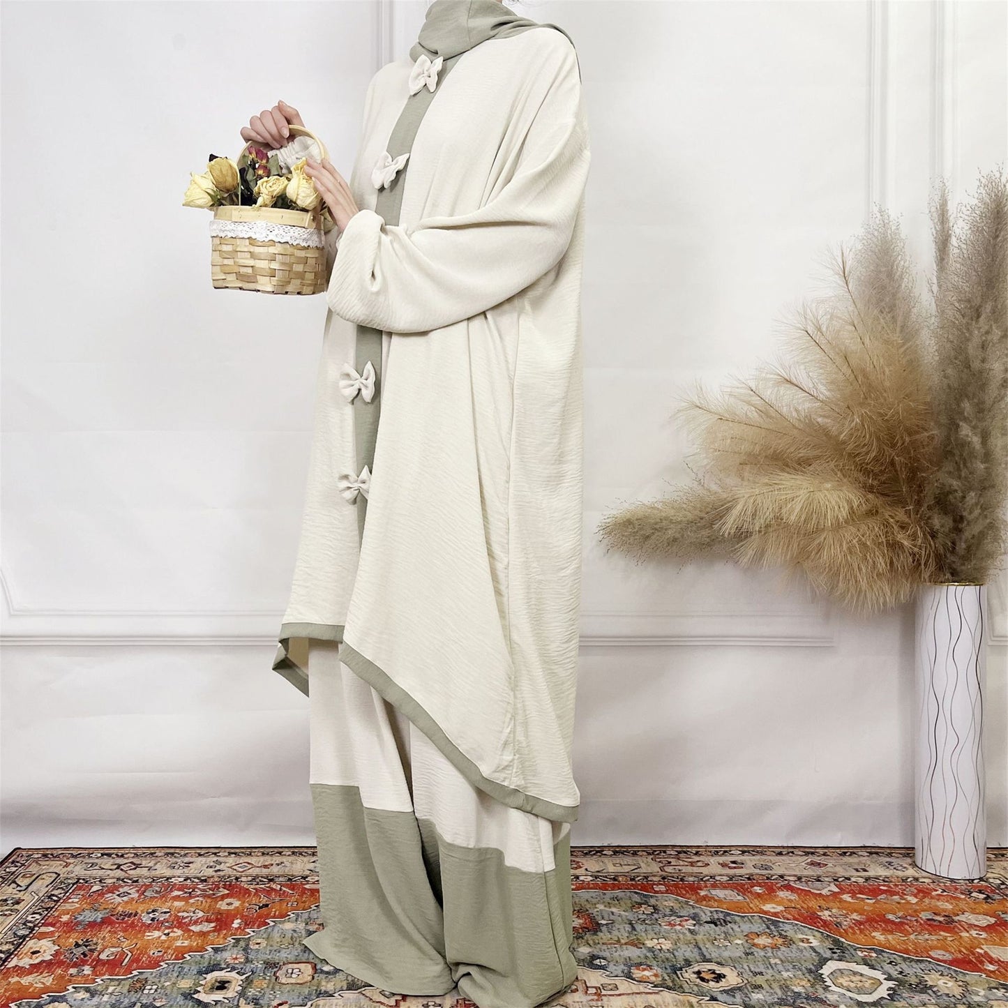 2024Aliexpress Muslims Fashion Women's Two-Piece Set with Bowknot, Solid Color Double-Layer Hat and Robe Set