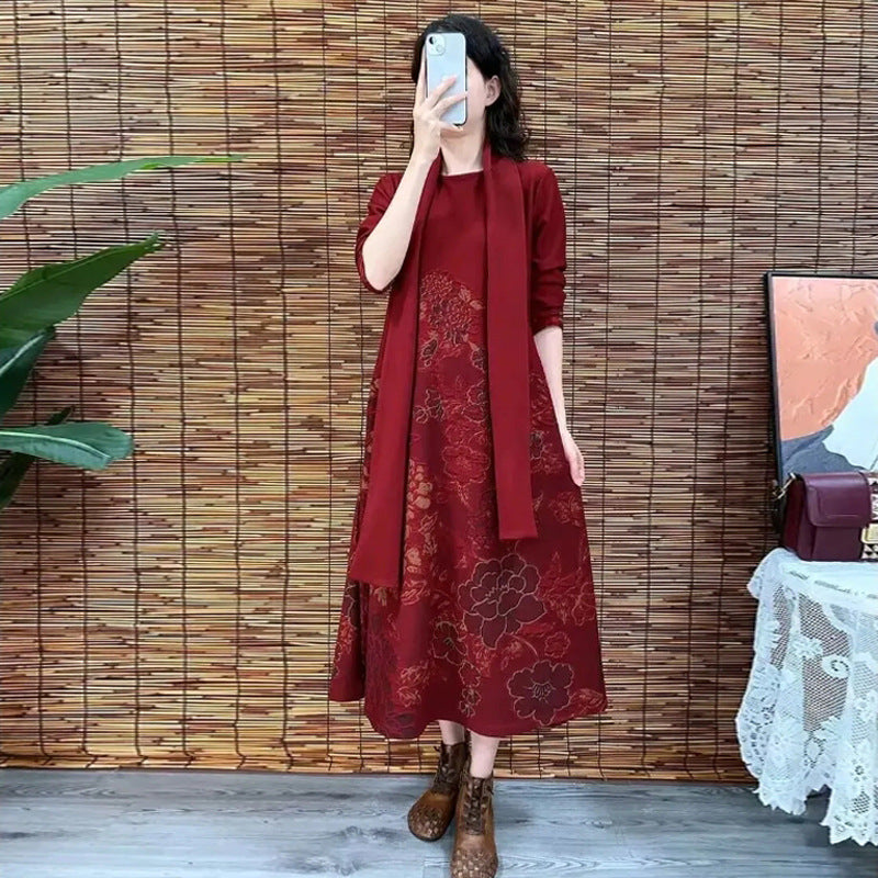 High-End Boutique New Autumn Winter Fashion Elegant Middle-Aged Women's Long Dress Slimming Dress with Scarf