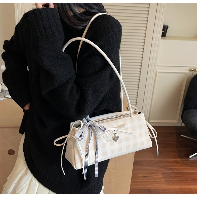 Dopamine Plaid Handbag Small Tote Bag for Women Summer2025New Ballet Style Bow Baguette Bag Underarm Bag Trendy