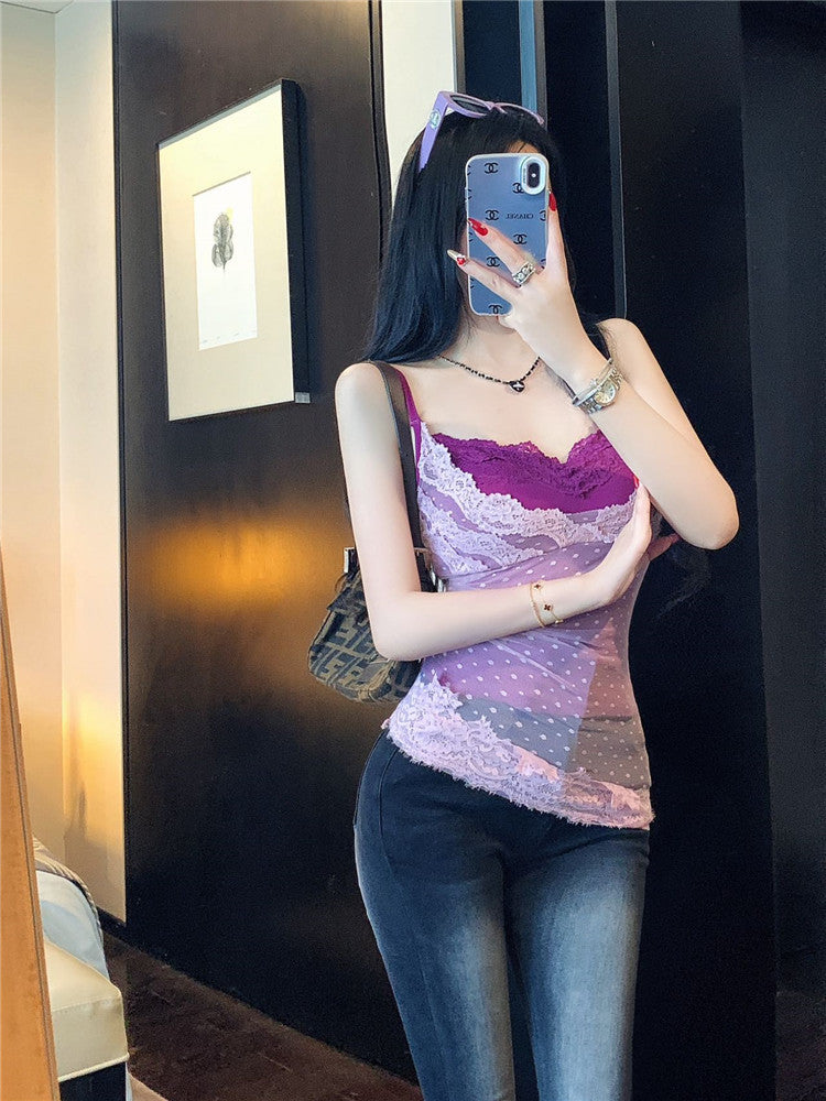Lace Patchwork Mesh Fake Two-Piece Design Camisole with Chest Pads for Women, Slim Fit, Wearable Outside Top for Hot Girls