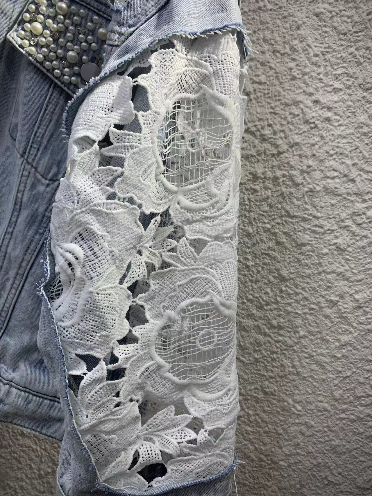 2024Spring and Autumn New Loose Versatile Sunscreen Mesh See-through Lace Embroidered Short Denim Jacket for Women Trendy Top