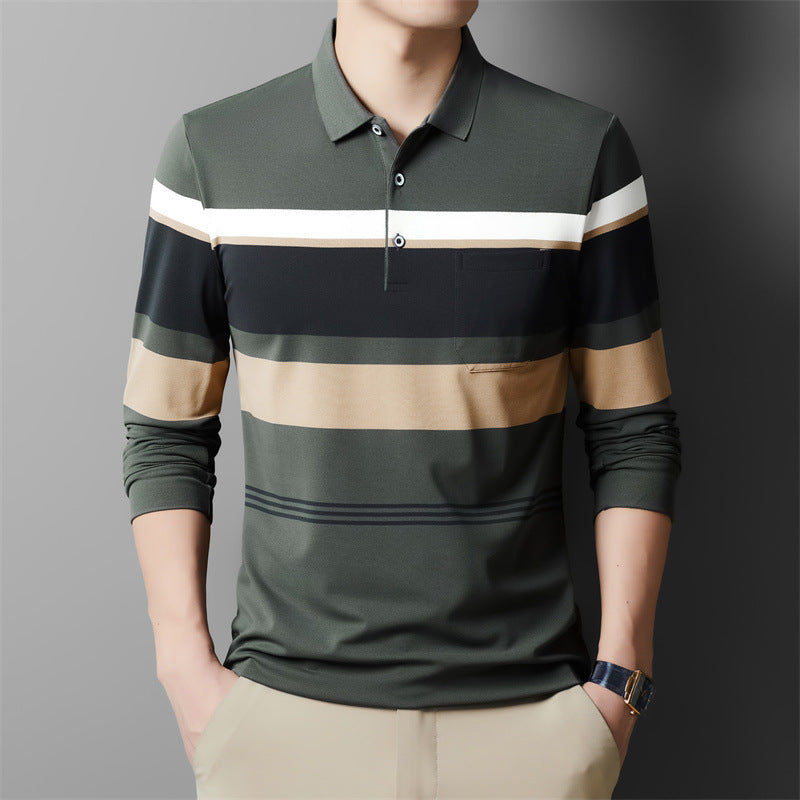Autumn Men's Long Sleeve Cotton t Shirt for Middle-aged Dad Autumn Outfit with Turn-down Collar and Stripes POLO Base Layer Shirt T Grandpa's clothes