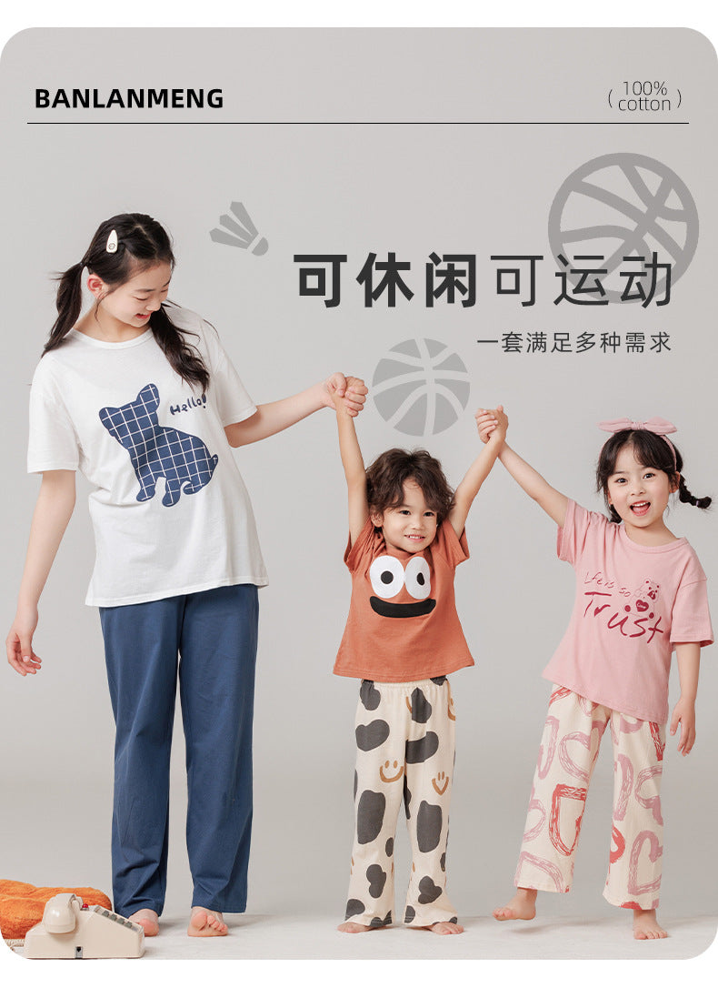 Parent-Child Cotton Homewear Summer Style Children's Short Sleeve Long Pants Set Cartoon Air Conditioning Clothing Sweat-Absorbing Printed Pajamas Couple Outfit