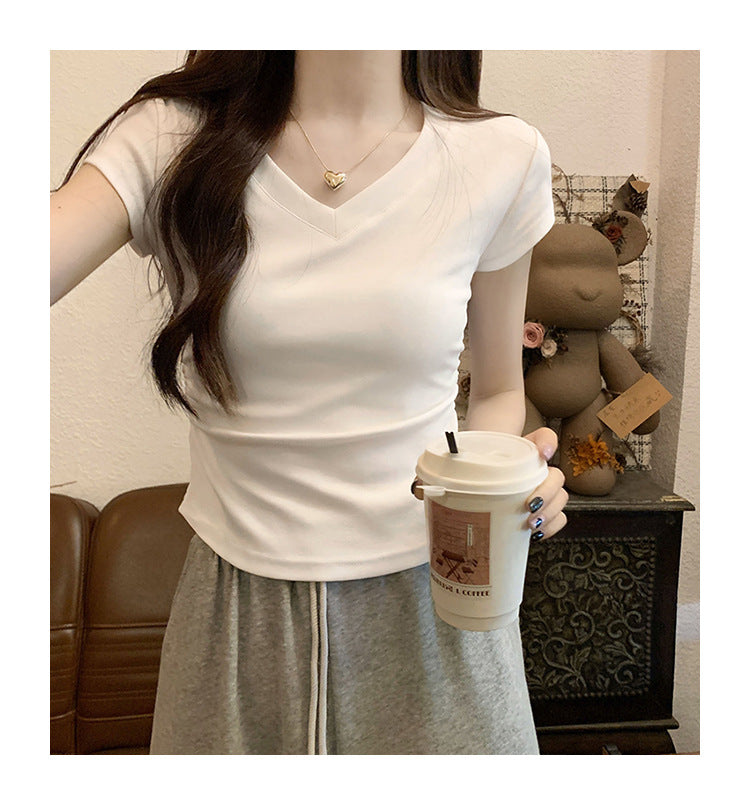 White Slim Fit Ruched t Women's Summer T-shirt2024New design with a structured shoulder and waist-cinching effect for a slimming look V Collar Short Sleeve Top