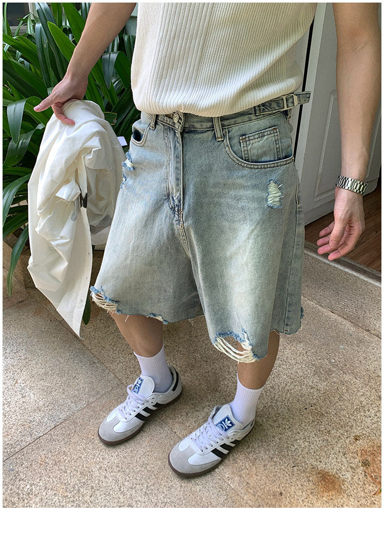 American Style Retro Washed Distressed Denim Shorts for Men Summer Cool Casual Loose Wide-Leg Five-Point Shorts