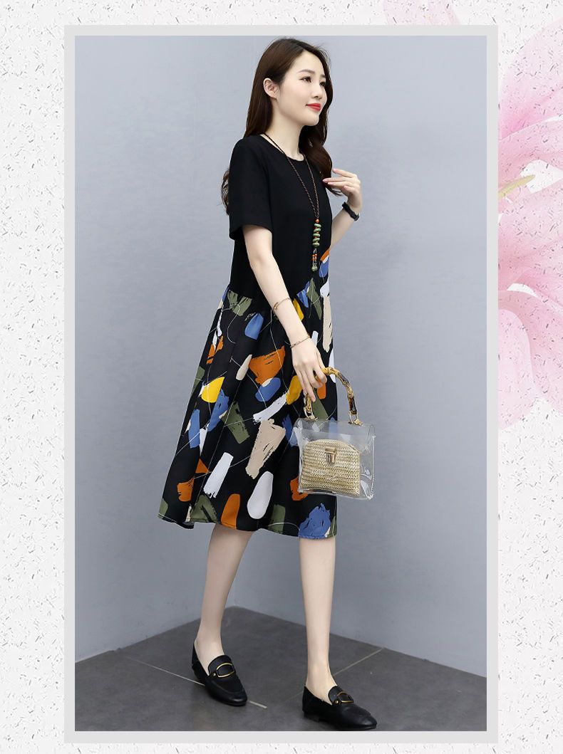 Summer Plus Size Fashion Patchwork Dress2025New Loose Slimming Belly-Covering Age-Reducing Elegant Fake Two-Piece Dress
