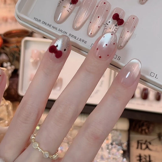 【Velvet KT Cat】High-Quality Handmade Wearable Nails Nude Color High-End Feel Hand-Painted Cat Eye Brightening Nail Stickers