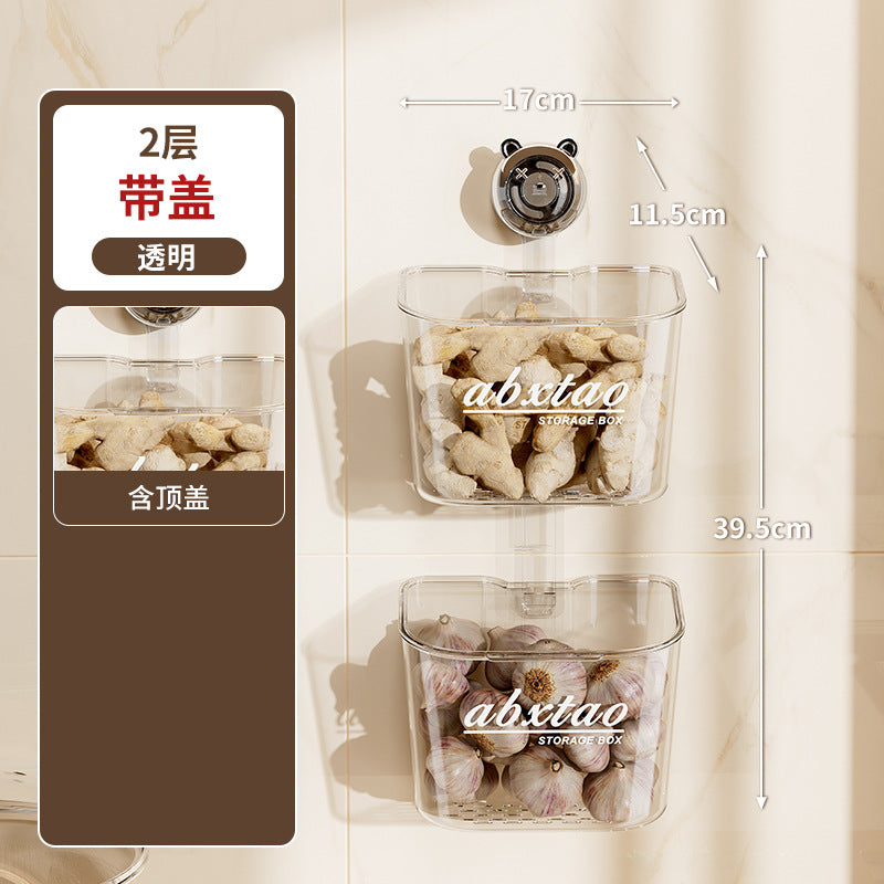 Kitchen Onion Ginger Garlic Storage Box Wall-Mounted Suction Cup Draining Rack Ginger Garlic Storage Artifact No-Drill Hanging Basket
