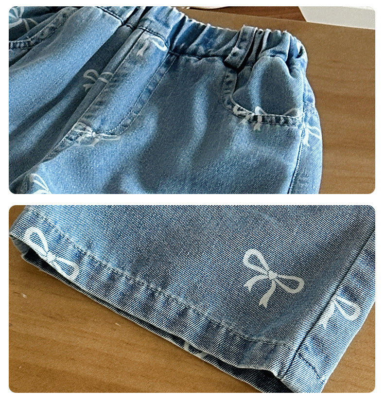 Girls' Pants Bowknot Print Jeans Wide Leg Straight2025Autumn New Fashionable and Stylish for Girls and Young Children