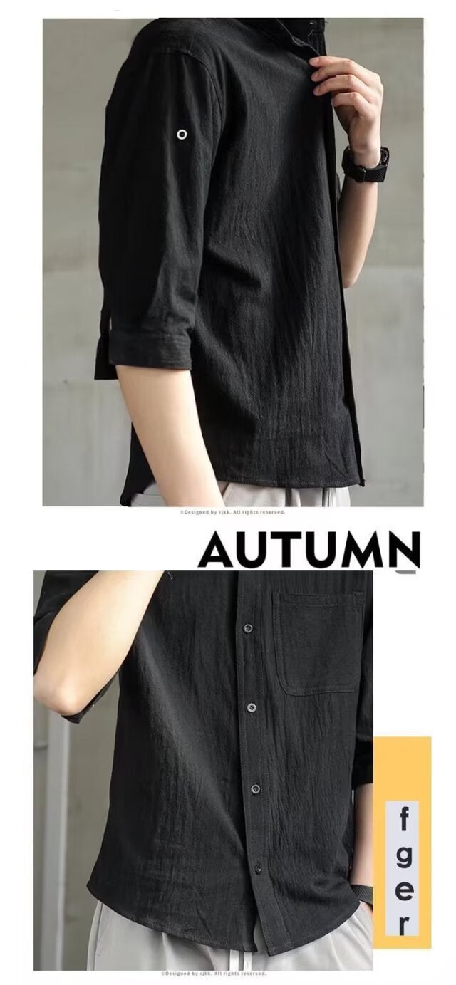 Japanese Retro Stand Collar Short Sleeve Shirt for Men Summer Trendy Brand Style Elegant Men's Shirt Plus Size Three Quarter Sleeve