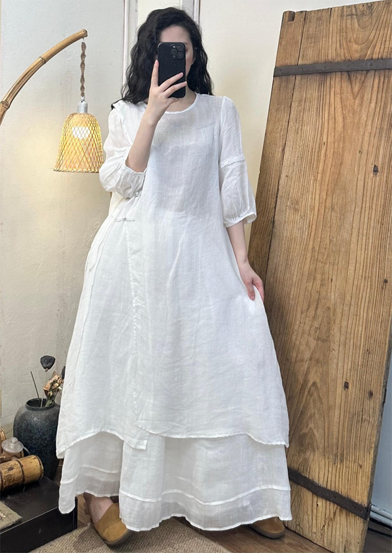 2025Summer New Retro Niche Pure Ramie Handmade Button Lace-up Light National Style Dress