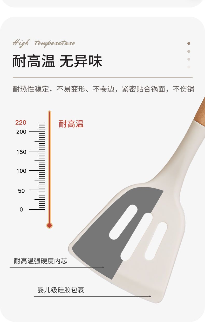 Wooden Handle Non-Stick Pan Silicone Kitchen Utensils Soup Spoon Spatula One Piece