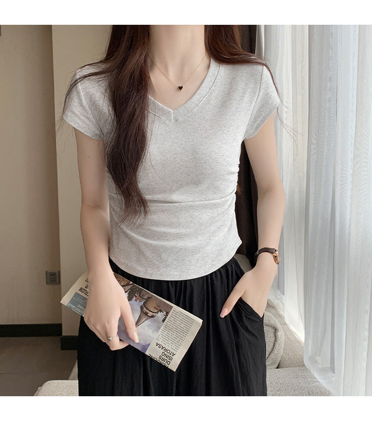 White Slim Fit Ruched t Women's Summer T-shirt2024New design with a structured shoulder and waist-cinching effect for a slimming look V Collar Short Sleeve Top