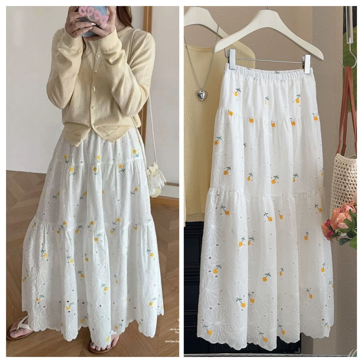 Embroidered Mesh High Waist Sweet2025New Floral Print Midi Skirt Spring Slimming Patchwork Long Skirt