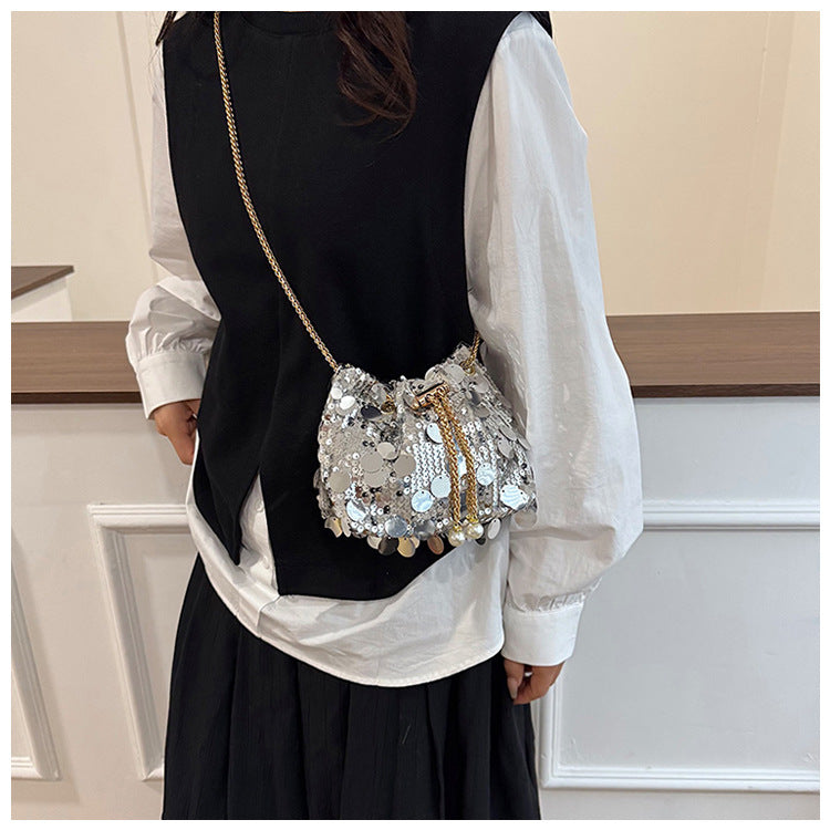 Trendy and High-End Sequin Bucket Bag2025Summer New Fashion Versatile Stylish French Chain Single Shoulder Crossbody
