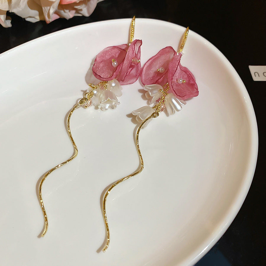 Resort Style Silver Needle Fabric Flower Tassel Earrings High-End Fashion Earrings Bohemian Sweet Exaggerated Ear Jewelry