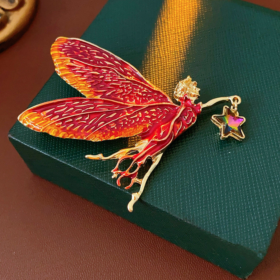 Medieval vintage Enamel Brooch with Inlaid Diamonds and Oil Drop Wings Fairy Pin Brooch High-end Fashion Accessory for Women