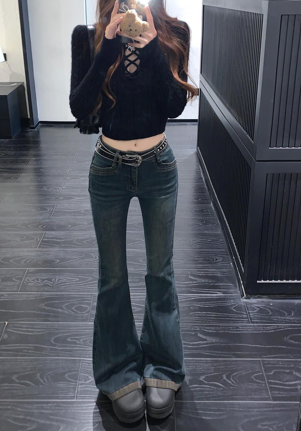 Washed Fleece-Lined Flared Jeans for Women, Autumn and Winter Vintage Slim High-Waisted Slimming Floor-Length Pants, Leg-Shaping