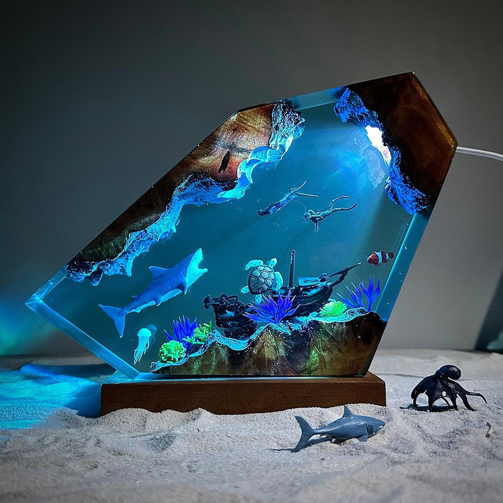 Great White Shark Sea Turtle Diver Resin Night Light Wooden Crafts Christmas birthday creative small gifts