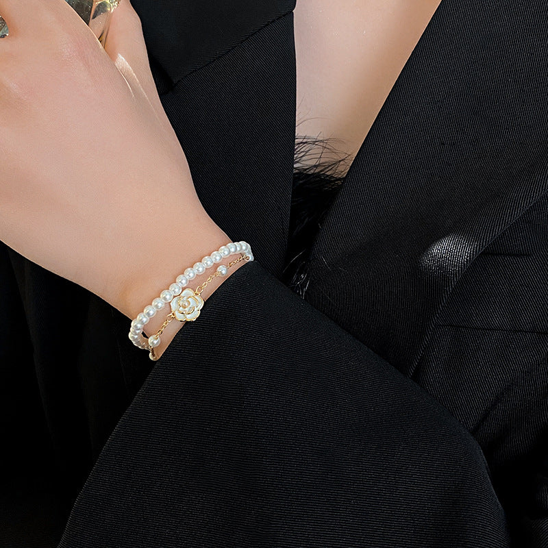 Real Gold Plated Oil Drop Camellia Pearl Bracelet Elegant Temperament Bracelet Light Luxury High-end Earrings Manufacturer Wholesale