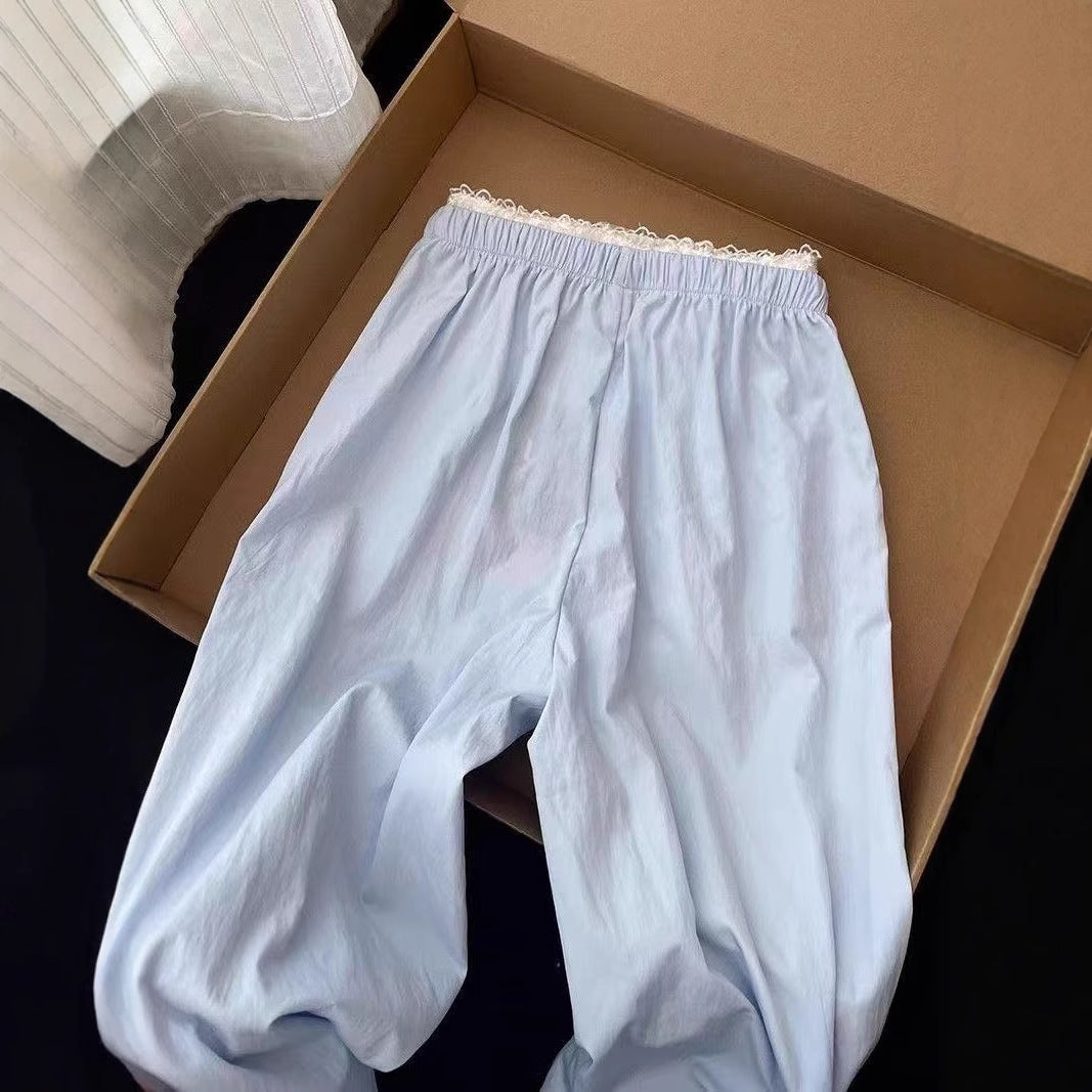 Korean Style hiphop Blue High-Waisted Casual Pants for Women, Spring and Summer Loose Fit, Student Design, Niche Ballet Style Wide-Leg Pants