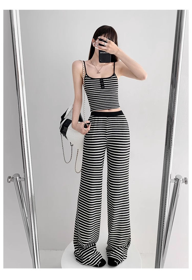 Home Lazy Relaxed Striped Slimming Wide-Leg Pants for Women Summer Hot Girl Fashion Camisole Vest Casual Two-Piece Set