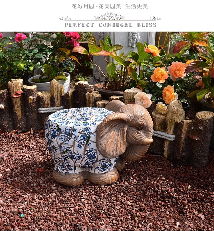 Cartoon Courtyard Animal Decoration Ornament Blue and White Elephant Stump Courtyard Garden Flower Pot Base Balcony Outdoor Chair