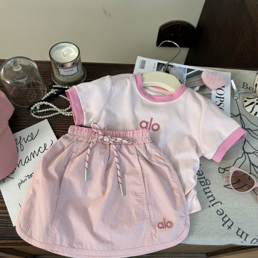 Sweet Little Chef Children's Clothing25New Summer Girls Color Block Letter Short Sleeves T Trendy Pink Skirt Pants Two-Piece Set for Children
