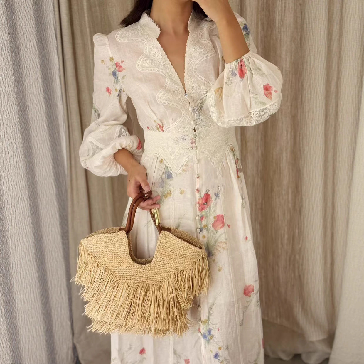 2025Spring and Summer European and American Cross-Border Palace Retro Style V Collared Waist Lantern Sleeve Printed Long Dress for Women