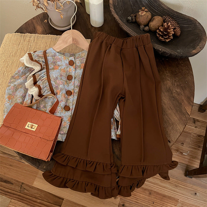 Sweet Little Girl Autumn Outfit Set New Fashionable Retro Autumn Children's Flared Pants Autumn Style Internet Celebrity Children's Clothing