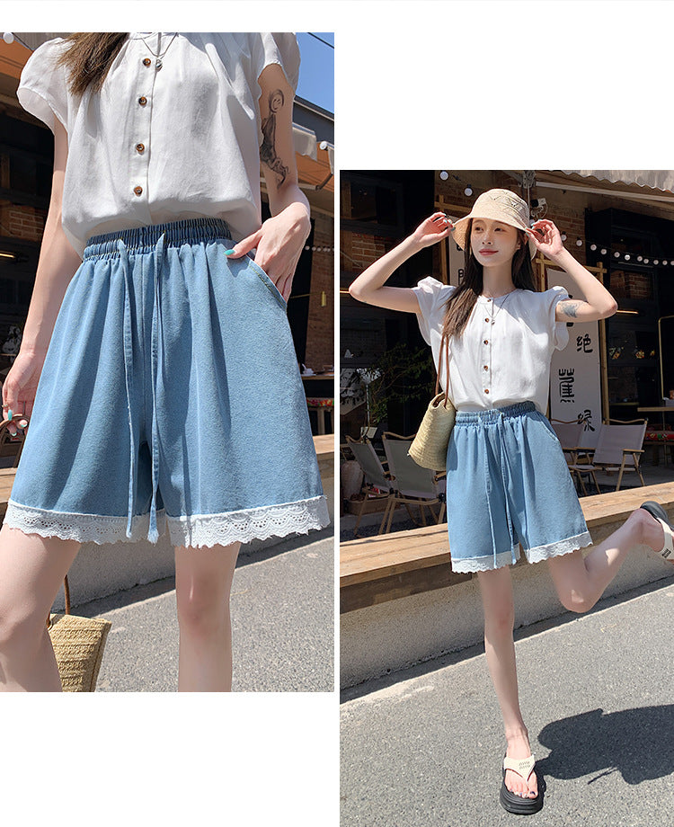Japanese Style Wide-Leg Jeans for Women2025High Waist Lace Trim Casual Shorts Loose Straight Five-Point Shorts Trendy
