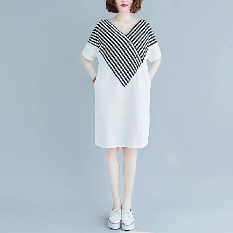Korean Style Mid-Length Short-Sleeve Striped Patchwork Skirt, Belly-Covering, Slimming, Plus Size, Loose-Fit, Casual V Women's Trendy Collared Dress