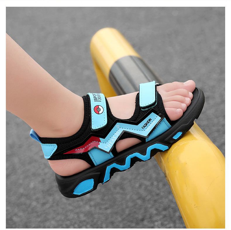 Boys' Fashion Sandals Summer New Children's Velcro Big Kids Student Sports Soft Sole Beach Shoes Non-Slip