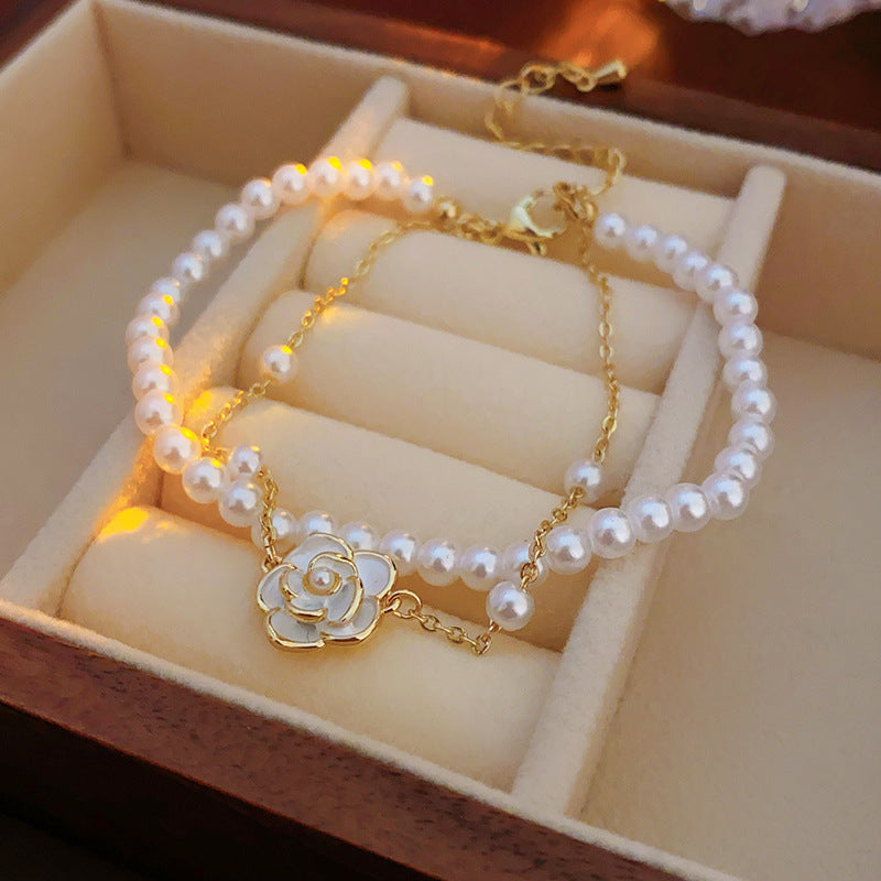 Real Gold Plated Oil Drop Camellia Pearl Bracelet Elegant Temperament Bracelet Light Luxury High-end Earrings Manufacturer Wholesale