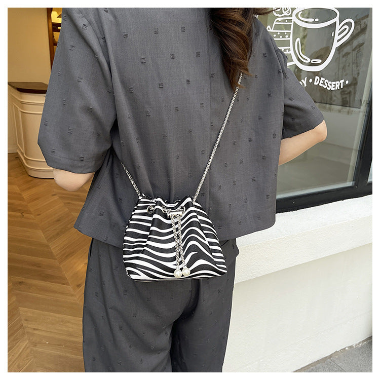 Personalized Chain Large Capacity Stylish Fashion Leopard Print Drawstring Winter2024New Zebra Pattern Shoulder Bucket Bag