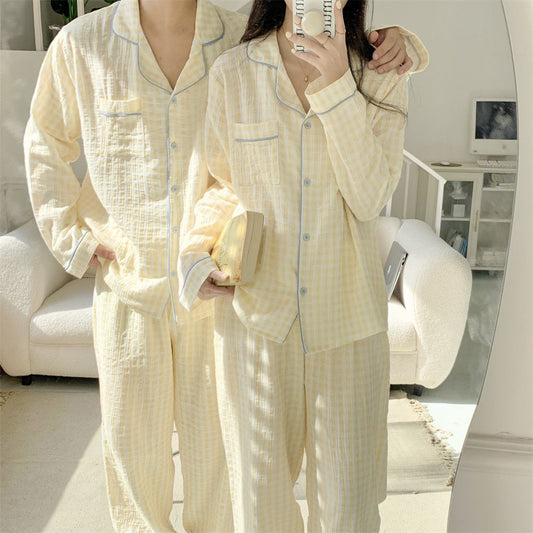 Spring and Autumn Japanese Style ins Color-Block Plaid Couple Pajamas for Women, Simple Outerwear, Cute Long-Sleeve Homewear, Men's Set