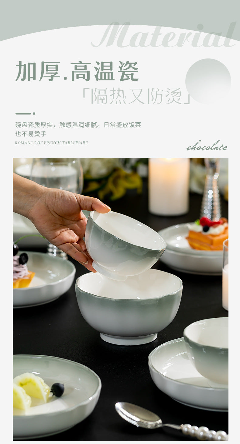 Nordic Style Gradient Color Bowl and Plate Set for Home Use, Thickened Lace Ceramic Tableware, Bowl and Plate Combination, Underglaze Color Bowl Set
