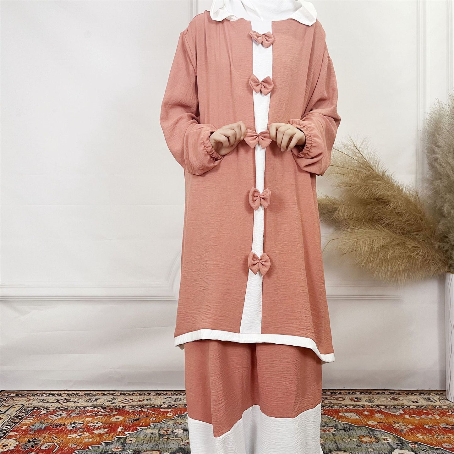 2024Aliexpress Muslims Fashion Women's Two-Piece Set with Bowknot, Solid Color Double-Layer Hat and Robe Set