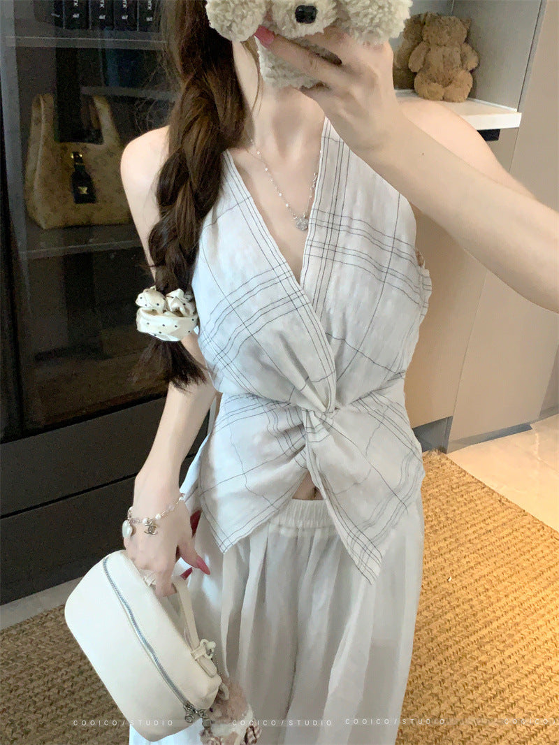 Summer2025New Korean Retro Plaid Knot Waist Slimming Elegant Halter Top Women's Camisole Trendy