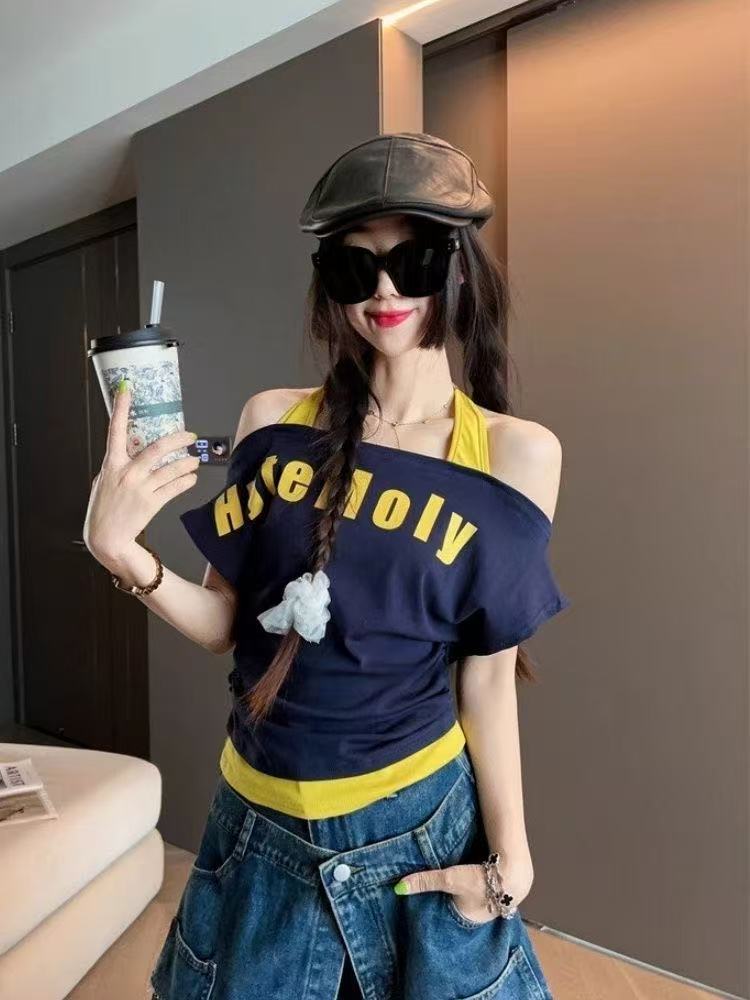 Fashionable Design Letter Print Off-Shoulder Halter Neck Short Sleeve T Women's T-shirt2025Summer New Slimming Short Top