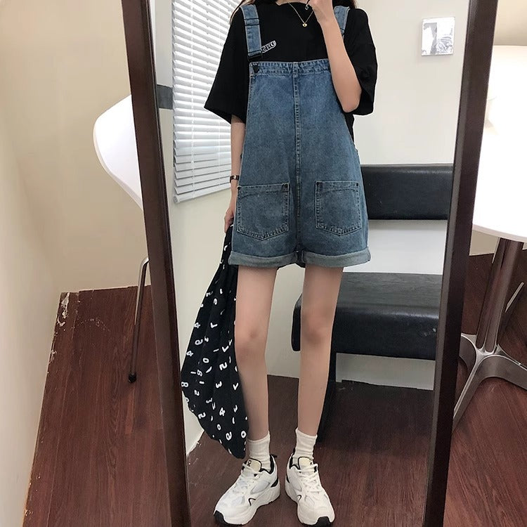 Women's Denim Overalls Summer Thin Loose Slimming Straight Strap Jumpsuit Denim Overalls Shorts