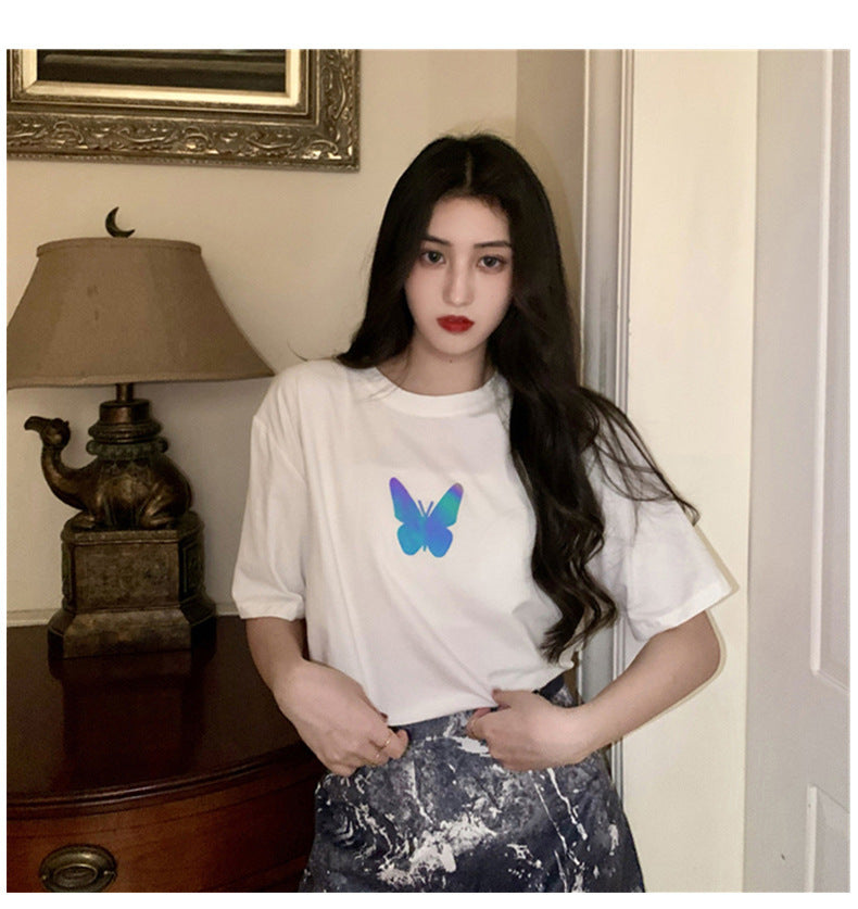 Summer2025New Year's Trendy Internet Celebrity Couple Outfit Reflective Butterfly Short Sleeve t Women's Summer T-shirt ins Super Popular Short Top