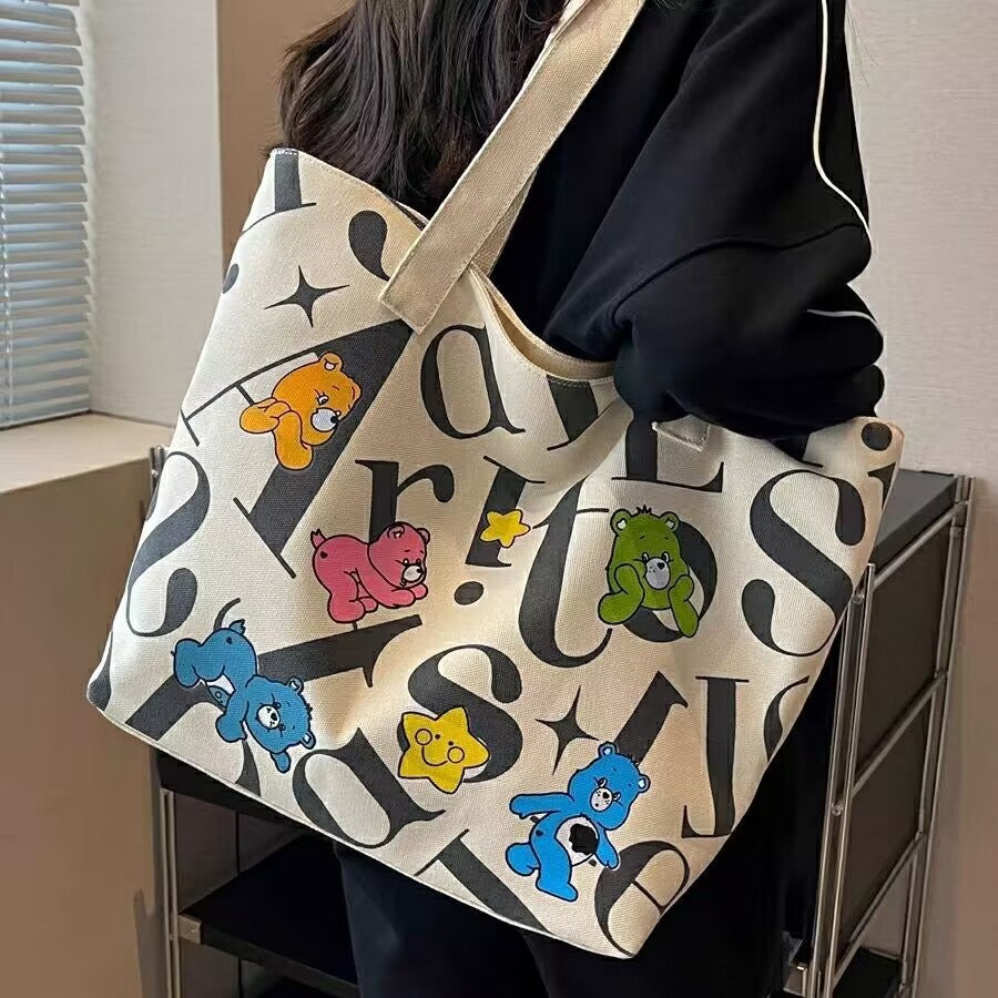 Student Canvas Bag for Women, Large Capacity Tote Commuter Bag, Versatile Printed Mommy Bag, Handheld Shoulder Bag, Shopping Bag for Women