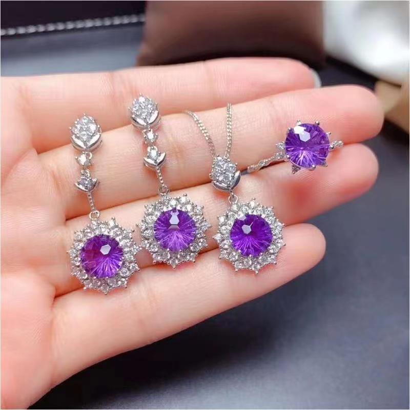Jewelry Set Non-Fading Exquisite Collarbone Chain Ring Pendant Earrings Plated18K Gold Sparkling Diamond Amethyst Necklace for Women