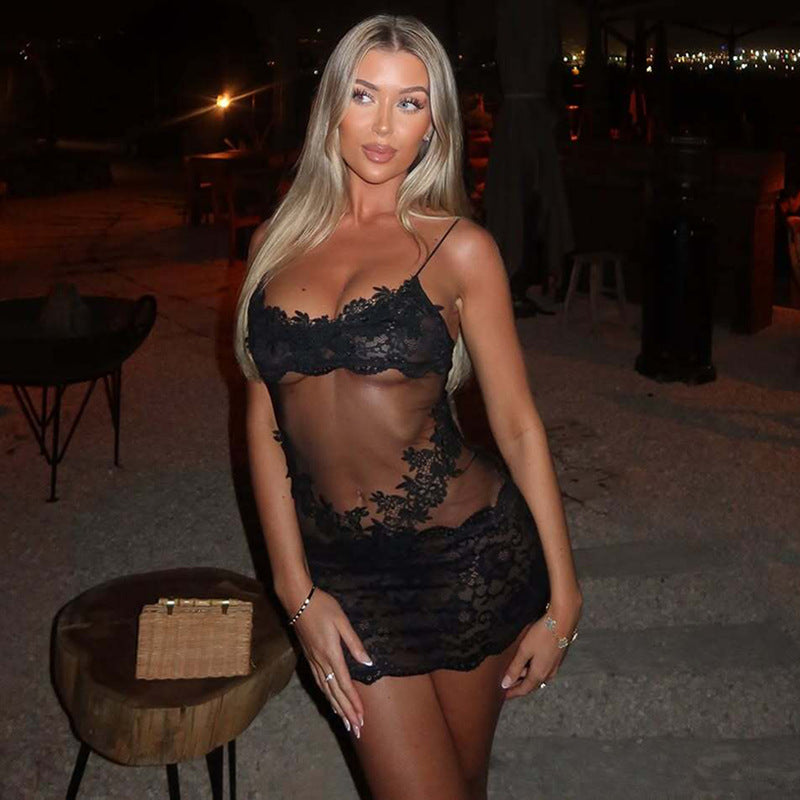Europe and America ins Fashionable New Sexy Hot Girl Style Sheer Lace Tube Top Patchwork Bodycon Lace Dress for Women