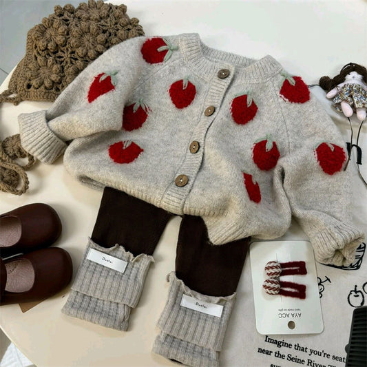 Little Salted Lemon Girl's Autumn Outfit Set25New Children's Clothing Baby Girl Spring and Autumn Strawberry Knitted Jacket Cardigan Two-piece Set