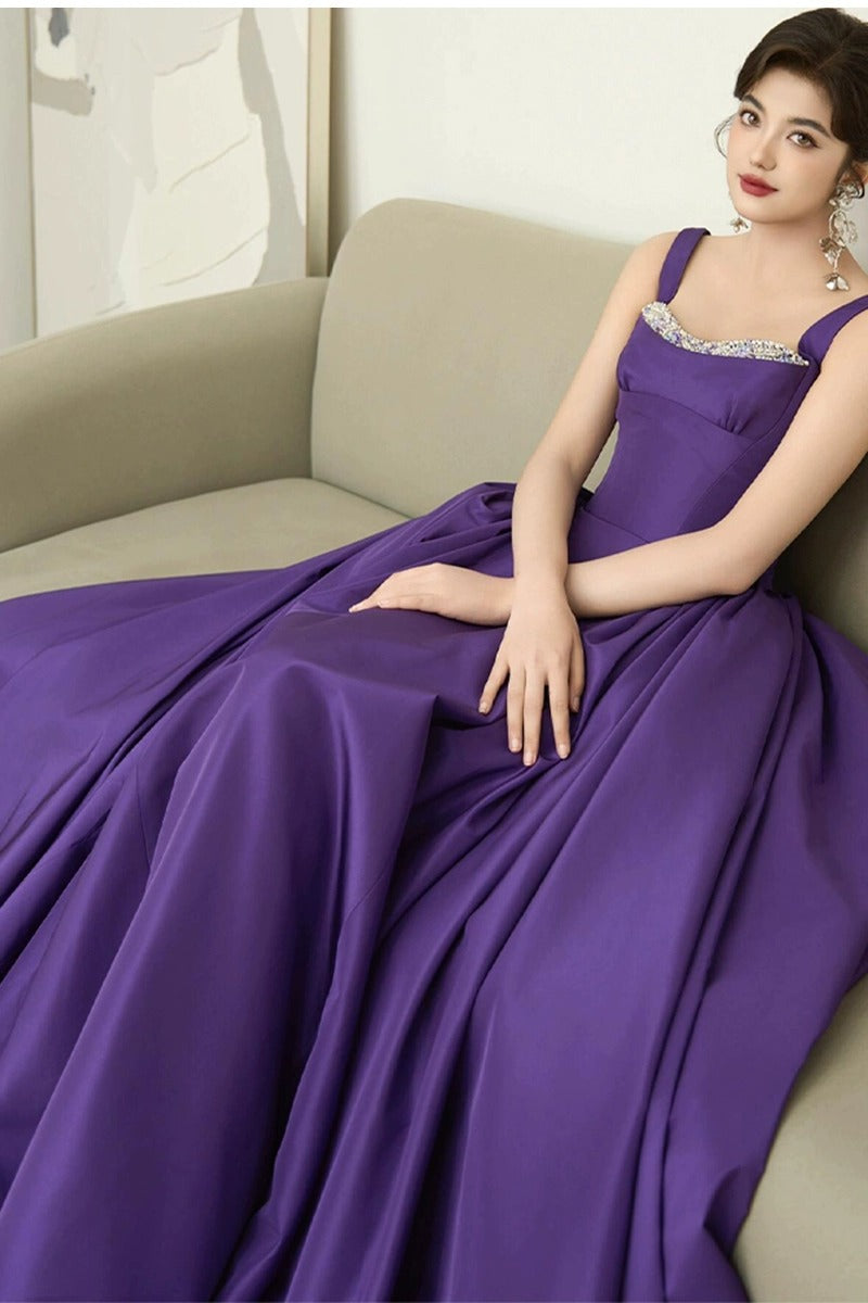 Purple suspender elegant evening dress for birthday party and coming-of-age ceremony2025New Sleeveless Long Dress Satin Elegant Gown