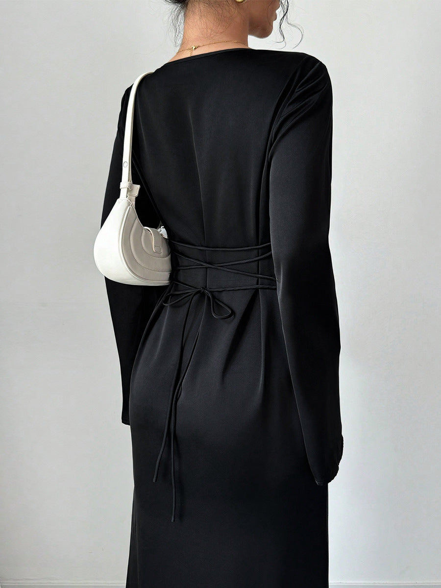 Pear-shaped Body Wear Women's Long-sleeved Loose Belted Waist Black Long Dress High-end Sense of Temperament Style Dress for Women