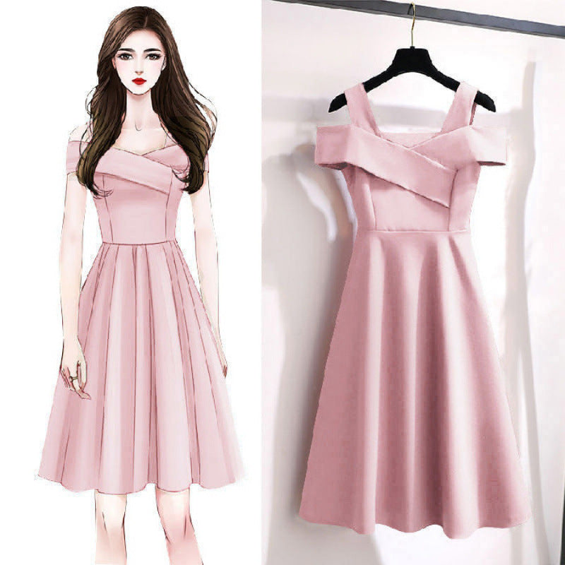 Cross-Border2025New Plus Size Off-Shoulder Elegant Dress for Plus Size Women Fashionable Tummy Covering Slimming Waist Dress Trendy