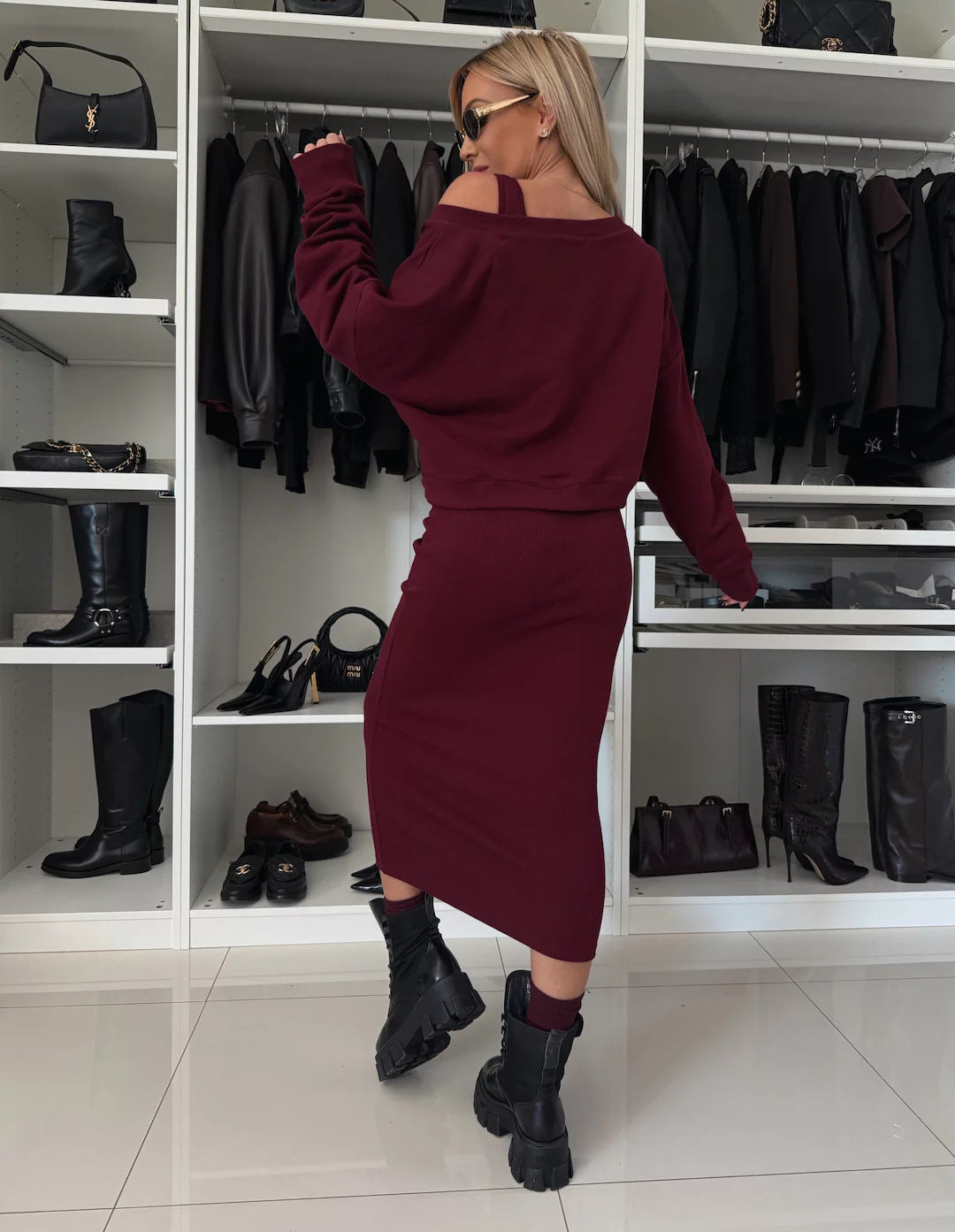 Amazon European and American Cross-Border New Spring Summer Women's Solid Color Clothing V Collar Long Sleeve Sweater Sling Slim Fit Long Dress2Set